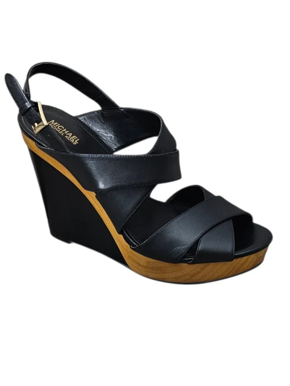 Michael Kors Dana Leather Crisscross Platform Wedge Sandals New COA Black 8.5M